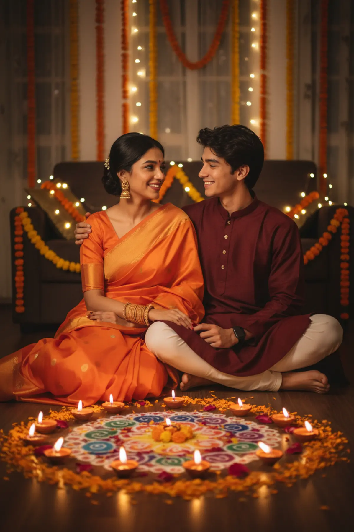Diwali Couple Rangoli Portrait AI photo by pixkoz Picks
