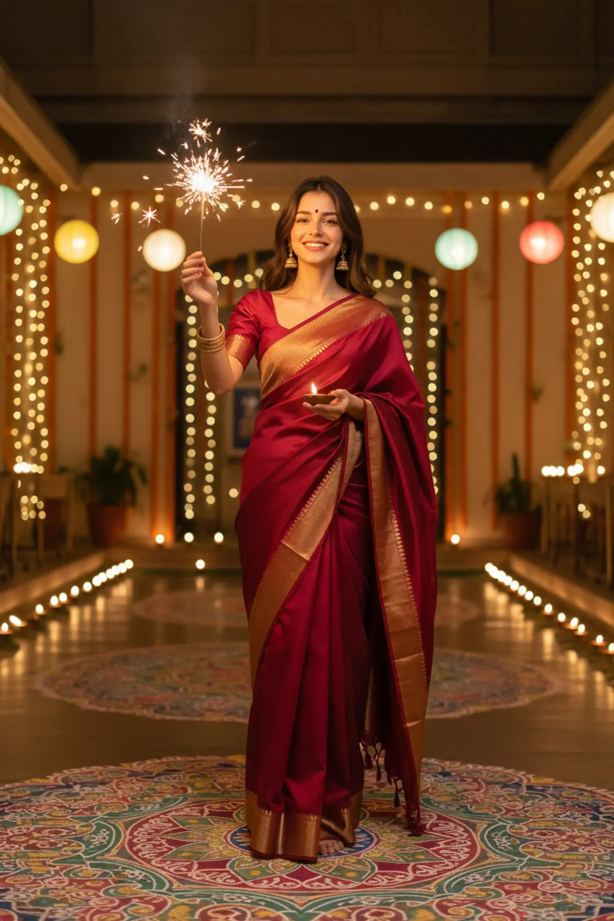 Diwali Courtyard Sparkler Saree Portrait AI photo by pixkoz Picks