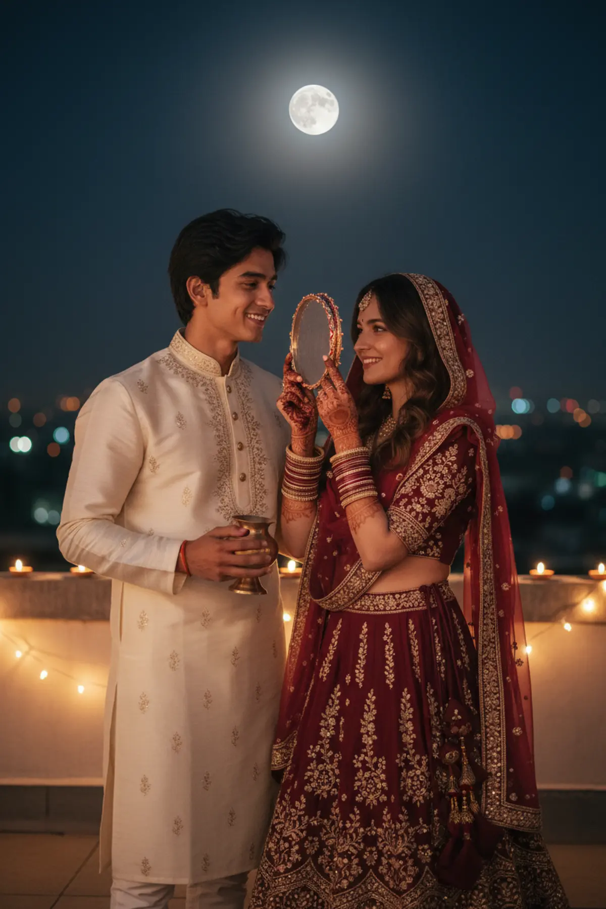 Karwa Chauth Couple Moonlight Portrait AI photo by pixkoz Picks