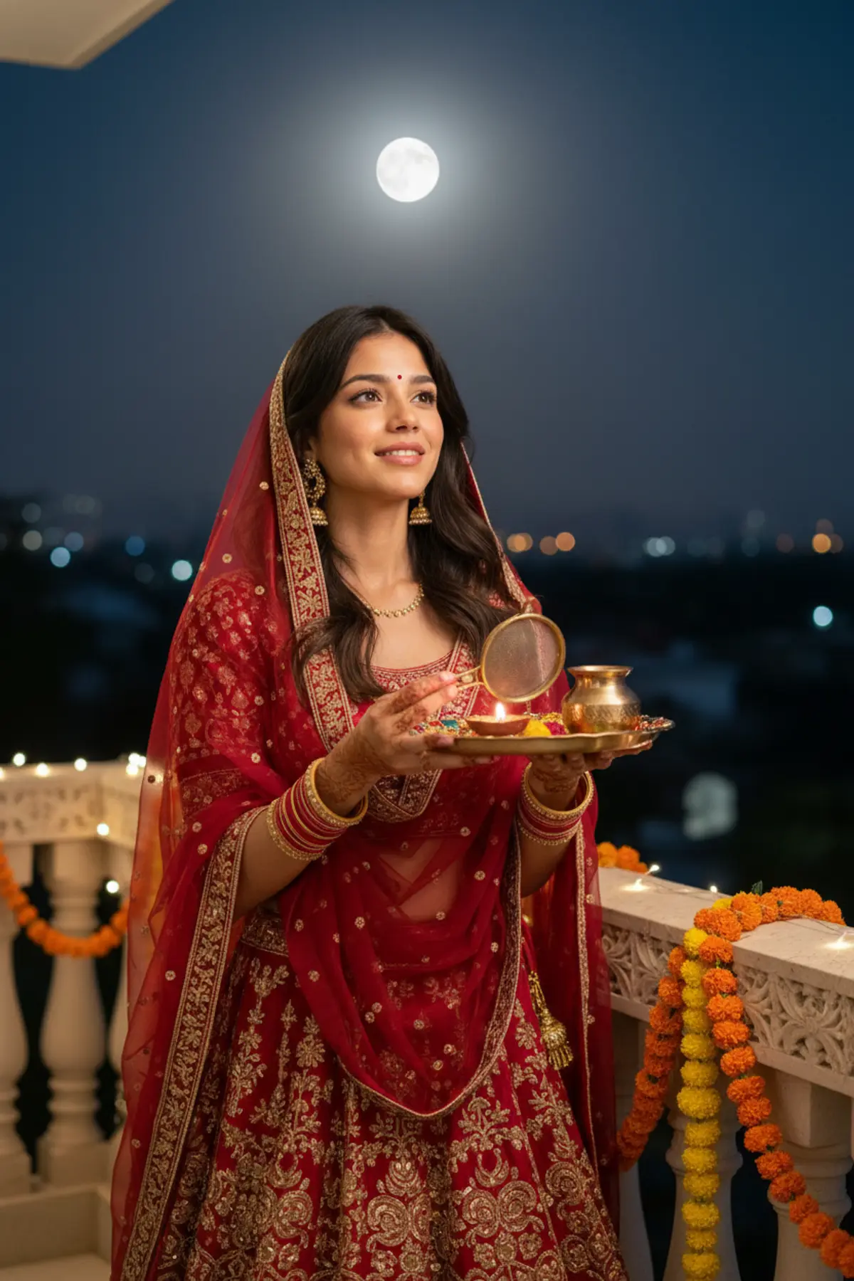 Karwa Chauth Moonlit Balcony Portrait AI photo by pixkoz Picks