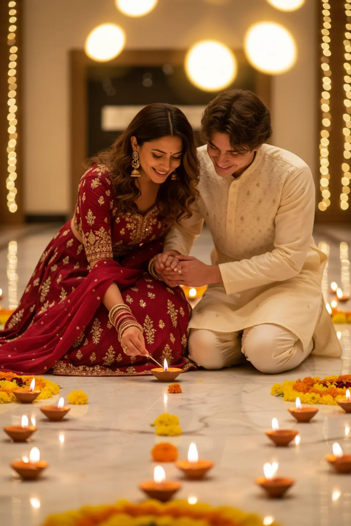 Diwali Couple Diya Lighting Portrait AI photo by pixkoz Picks