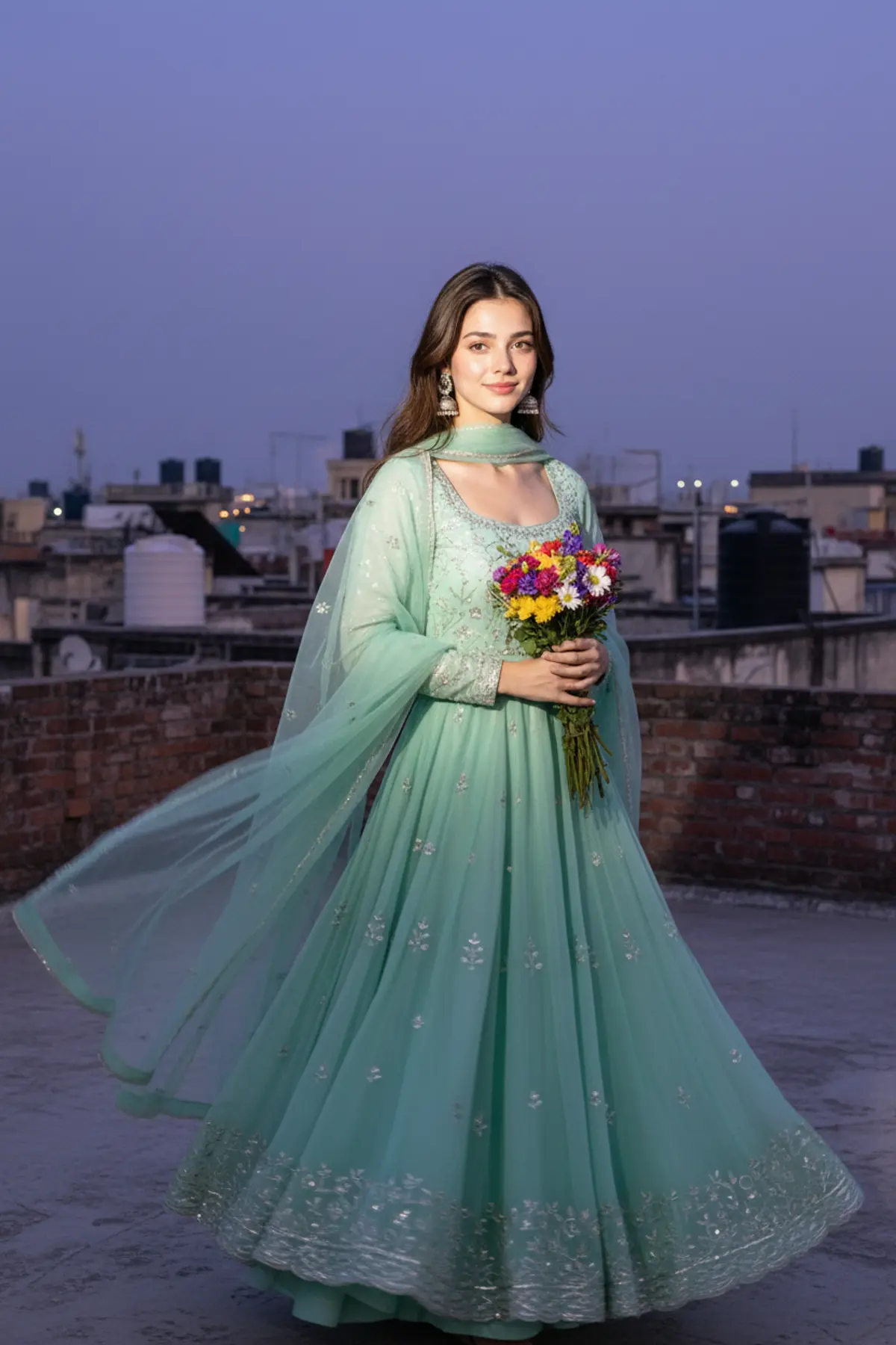 Rooftop Blue Hour Anarkali Portrait AI photo by pixkoz Picks